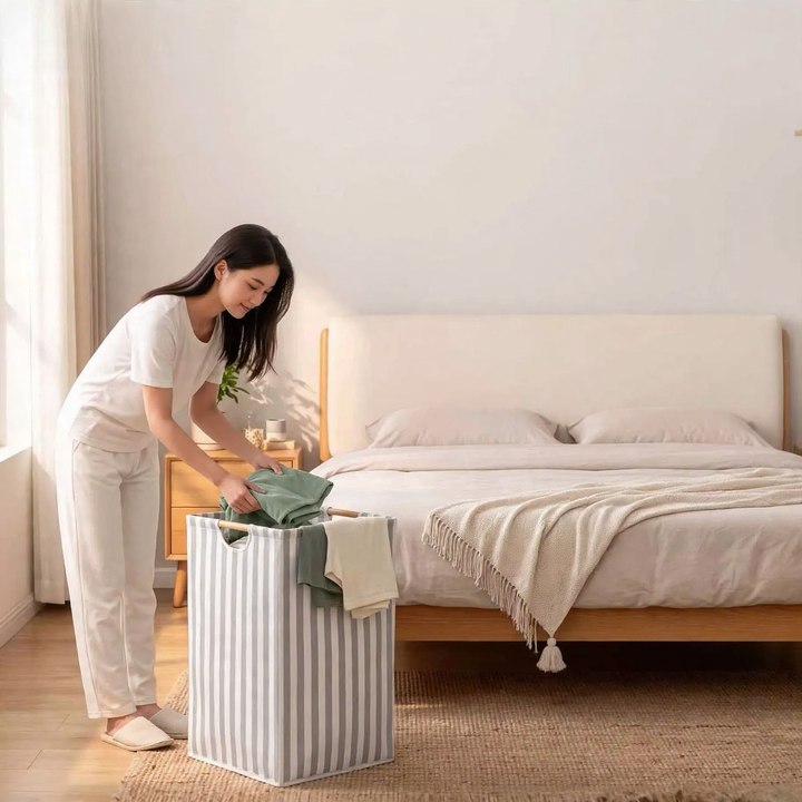 Folding laundry basket with wooden handle, large capacity