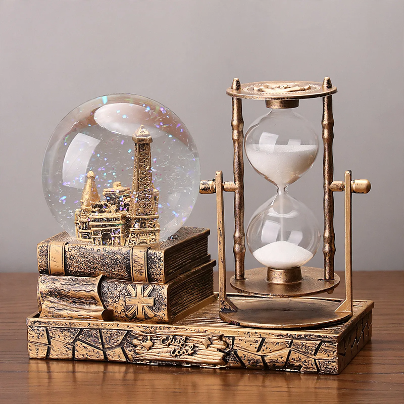 Retro Eiffel Tower Hourglass with Music Box and Glass Ball