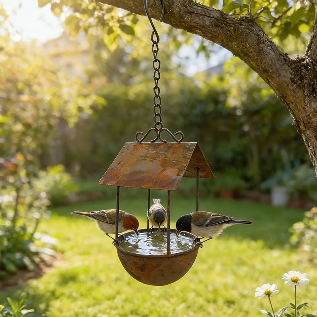 Hanging birdhouse made of iron in rust look