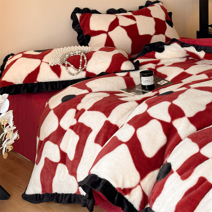 French milk fiber fleece bedding set with bow pattern