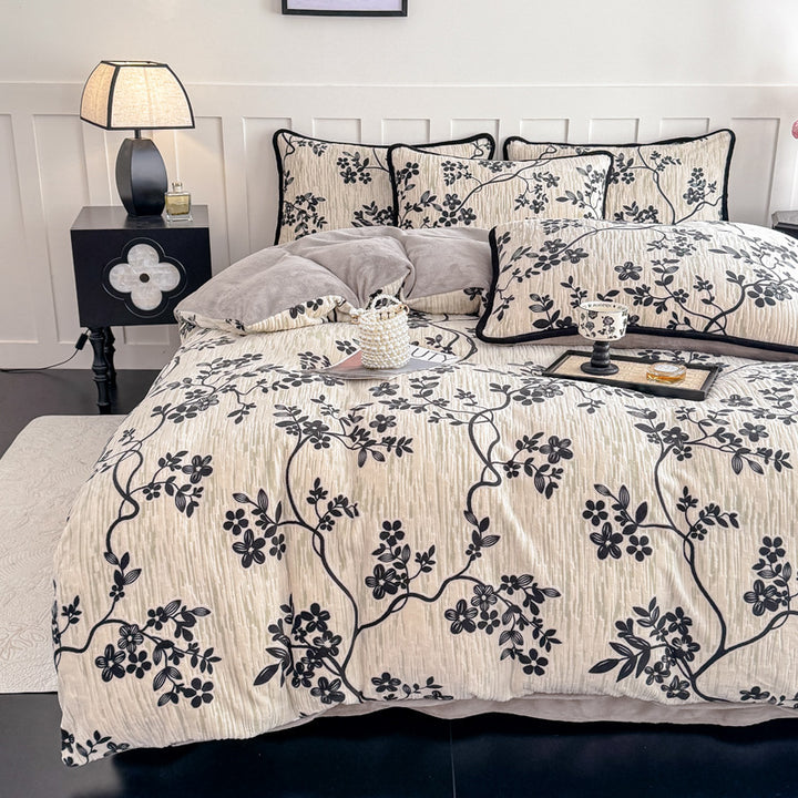 French milk fleece bedding set, floral, warm