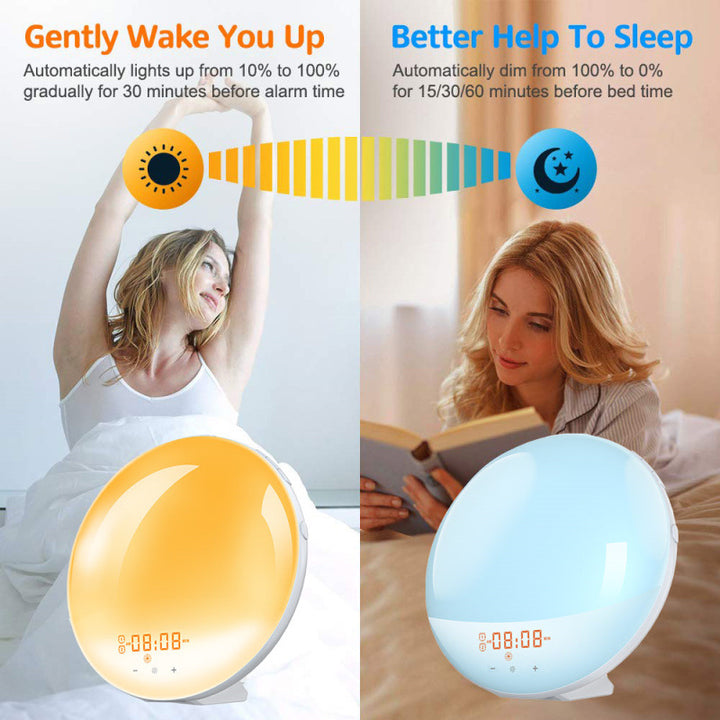 Wood-look alarm clock with sunrise simulation