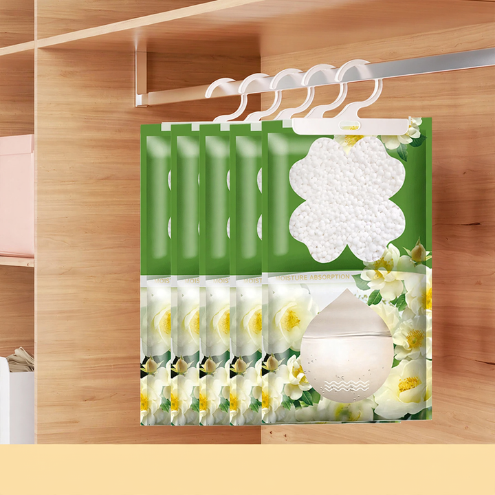 Hanging dehumidifier bag against moisture and mold