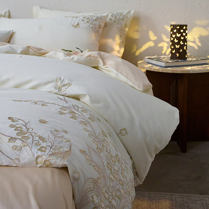 Cotton bedding set, embroidered, lily of the valley pattern