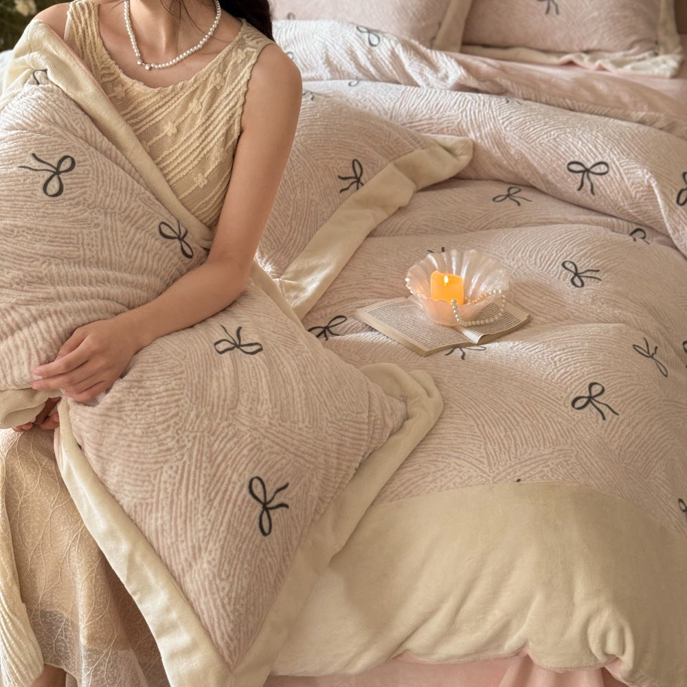 Milk Fiber Fleece Bedding Set, Floral Pattern, Warming