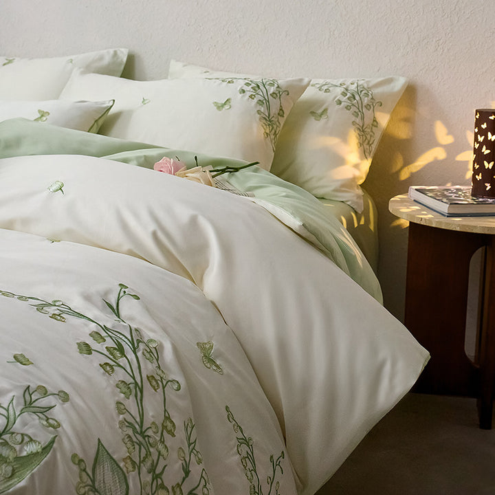 Cotton bedding set, embroidered, lily of the valley pattern