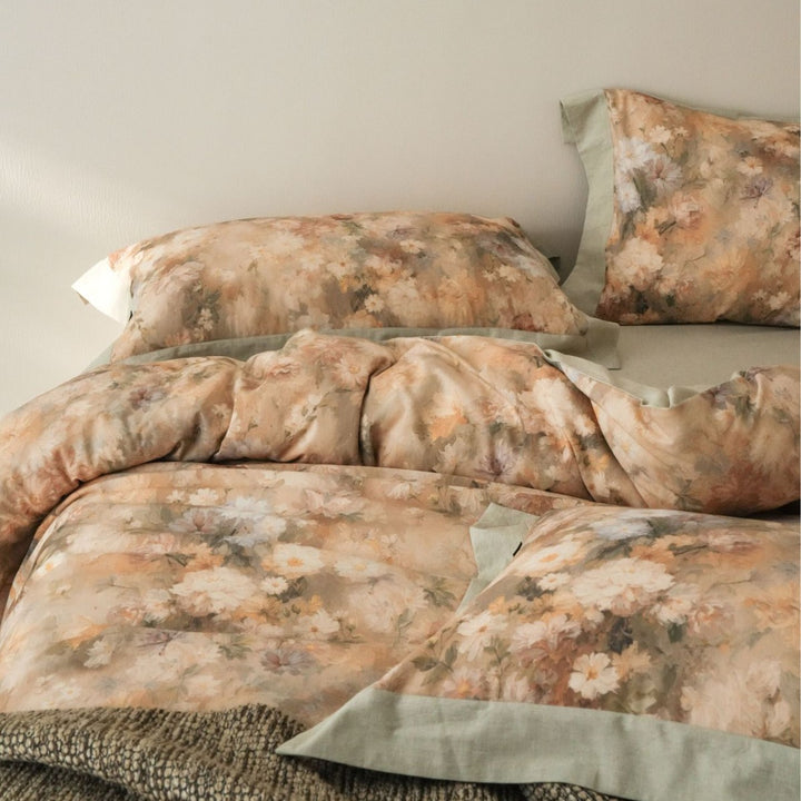 Bedding set cotton-linen, 4-piece, floral pattern, vintage