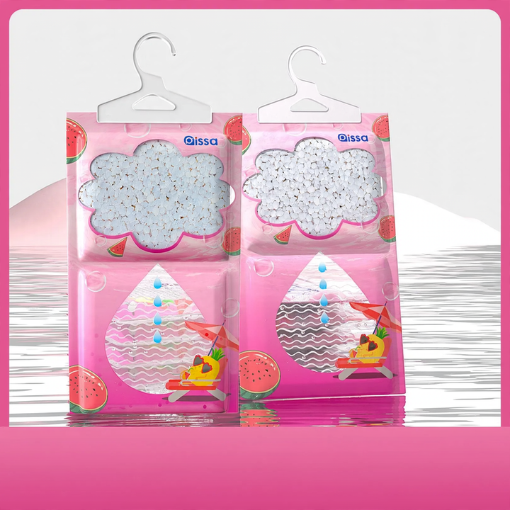 Hanging dehumidifying bags for wardrobes
