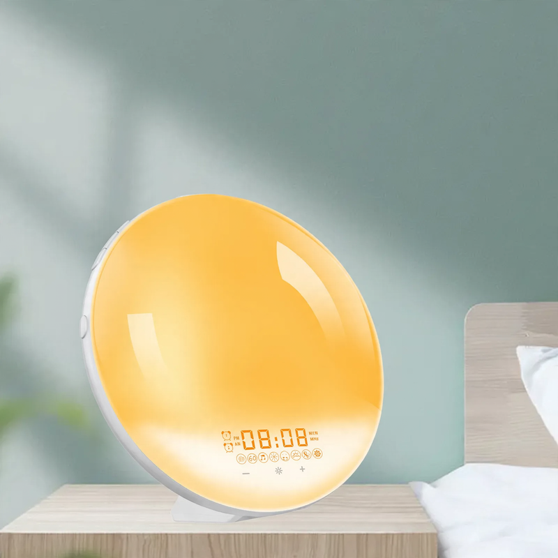 Wood-look alarm clock with sunrise simulation