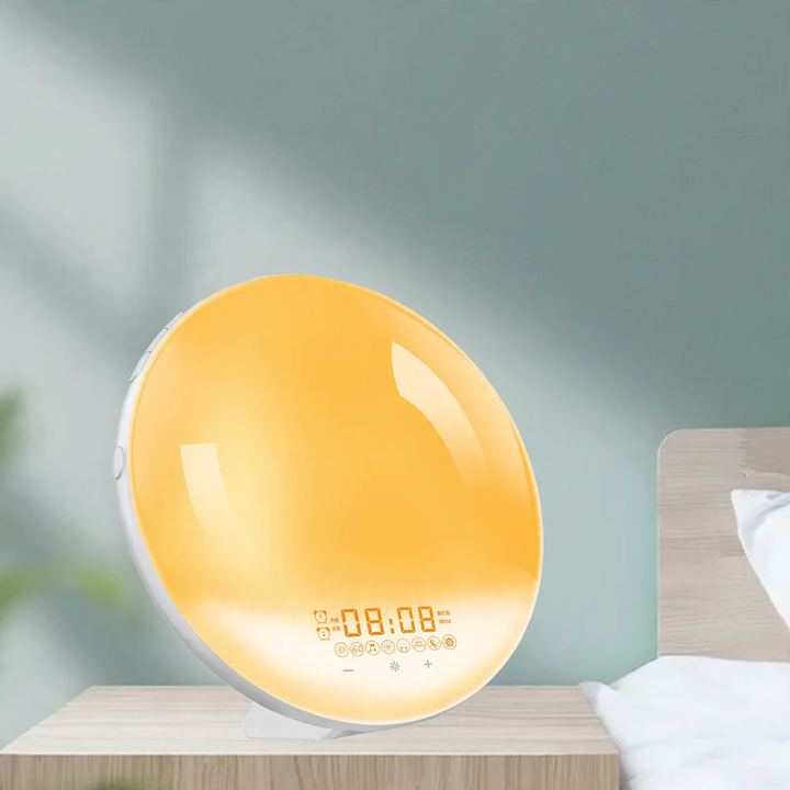 Wood-look alarm clock with sunrise simulation