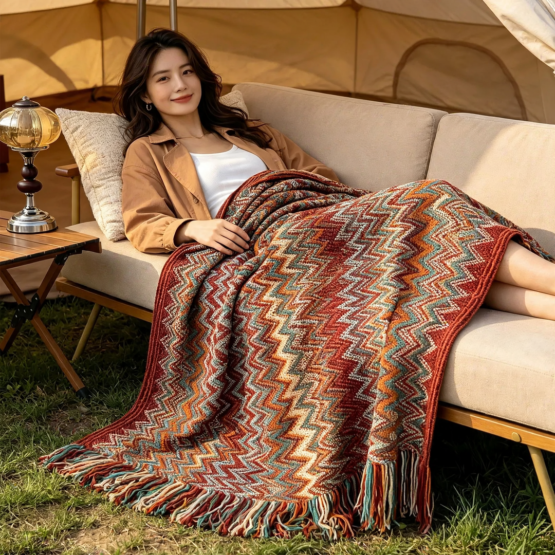 Boho-Wool Blanket, Geometric Pattern, with Fringes