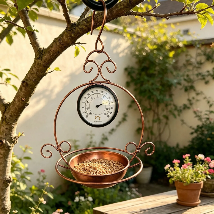 Hanging bird feeder station made of iron with thermometer