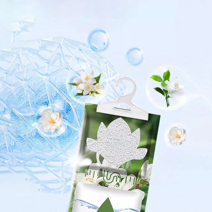 Hanging dehumidifying bag with fragrance