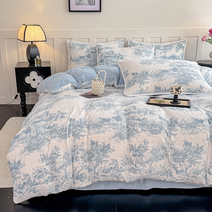 French milk fleece bedding set, floral, warm