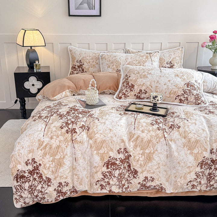 French milk fleece bedding set, floral, warm