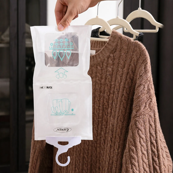 Hanging dehumidifier bag with calcium chloride
