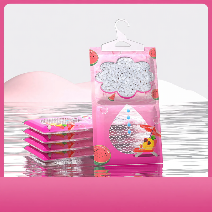 Hanging dehumidifying bags for wardrobes