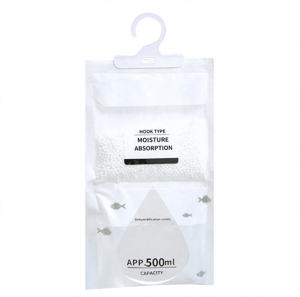 Hanging dehumidifying bag for wardrobes