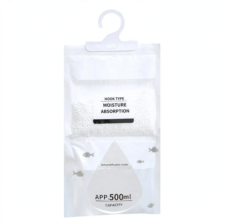 Hanging dehumidifying bag for wardrobes