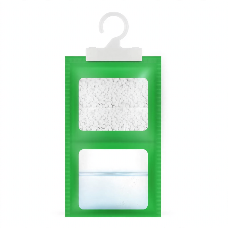 Hanging dehumidifying bag for wardrobes