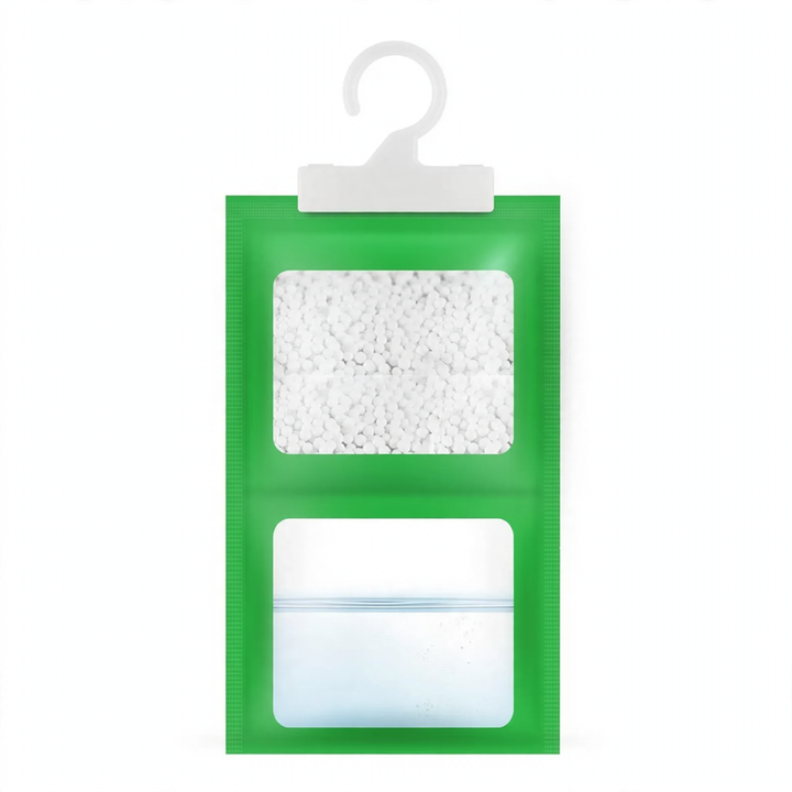 Hanging dehumidifying bag for wardrobes