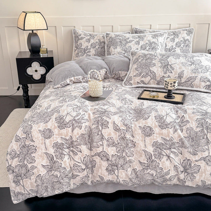 French milk fleece bedding set, floral, warm