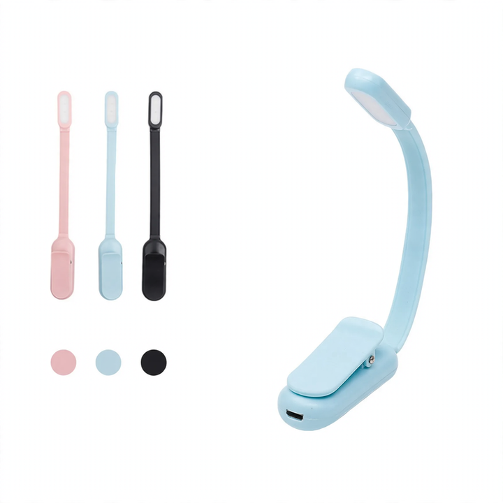 Mini LED clamp light with three brightness levels and USB charging