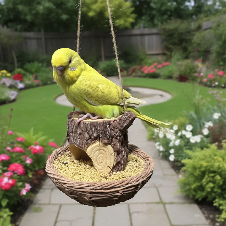 Decorative birdhouse in stump tree look made of resin