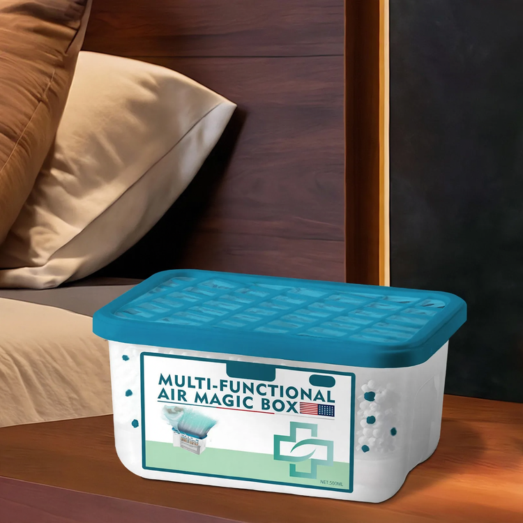 Room dehumidifier box with activated carbon for odor binding