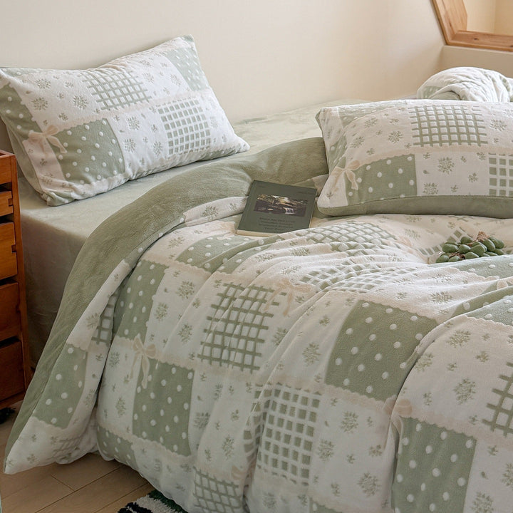 Fleece bedding set, 4-piece, check pattern, winter