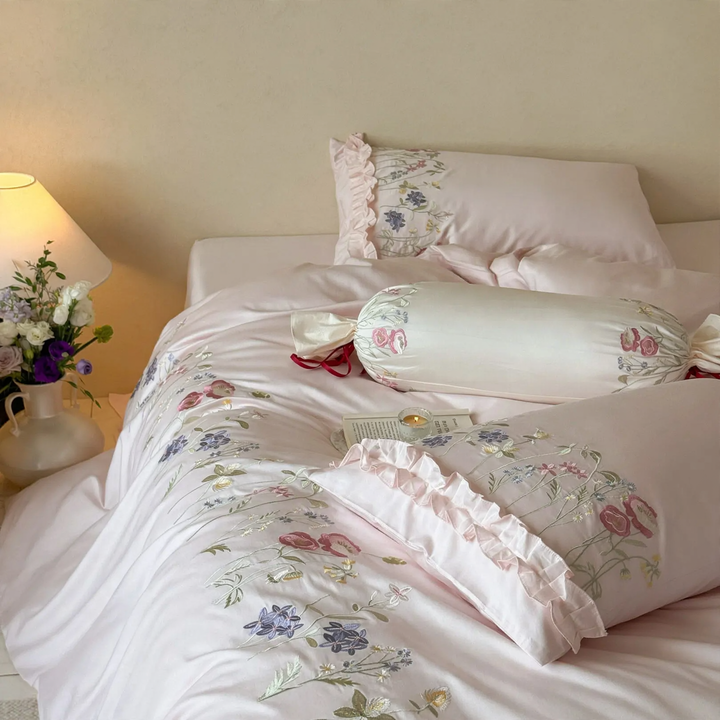 French cotton bedding set with embroidery and lace