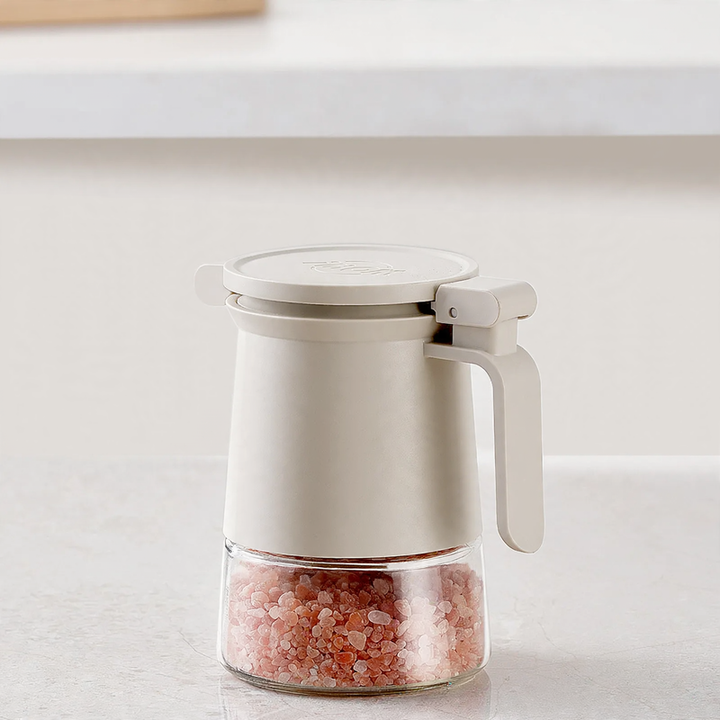 Glass spice container with spoon and desiccant compartment, 350 ml