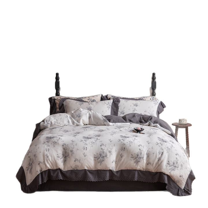 Cotton bed linen with flower print, 4-piece, double gauze