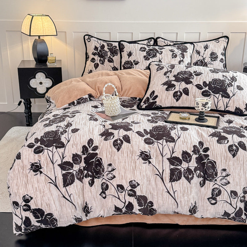 French milk fleece bedding set, floral, warm