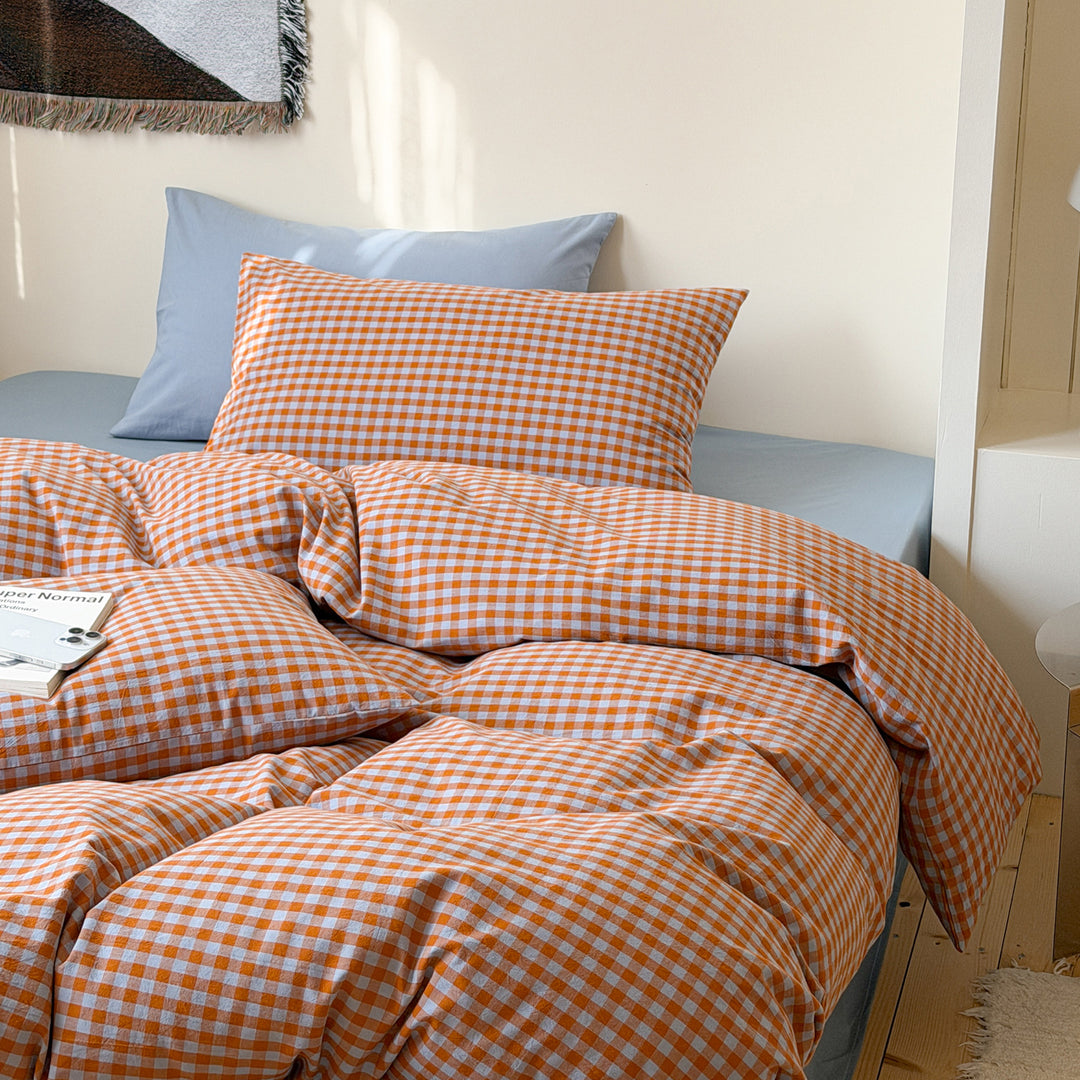Washed cotton bedding, 4-piece, checkered