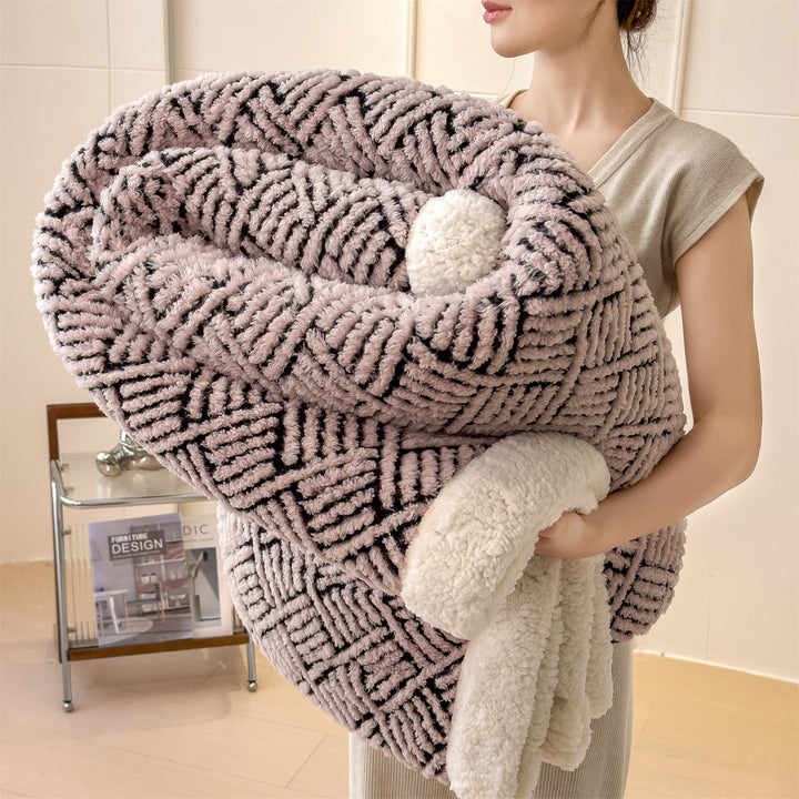 Patterned cuddle blanket with lamb fleece look