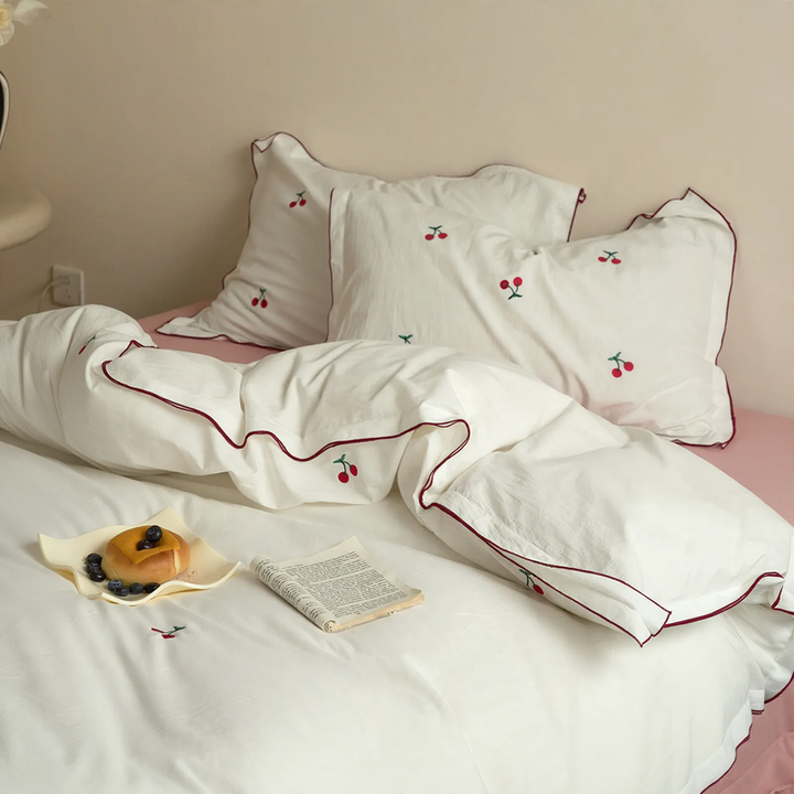 Cotton bedding with cherry embroidery, 4-piece