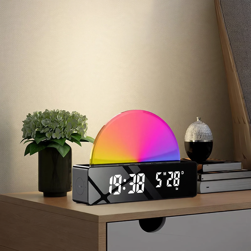 LED alarm clock with sunrise simulation and mirror surface