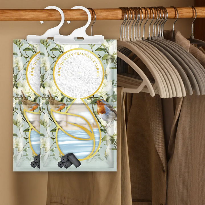 Fragrance dehumidifier bag for hanging in wardrobes