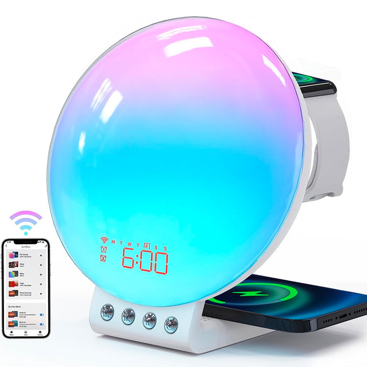 3-in-1 Alarm clock with sunrise simulation and wireless charging