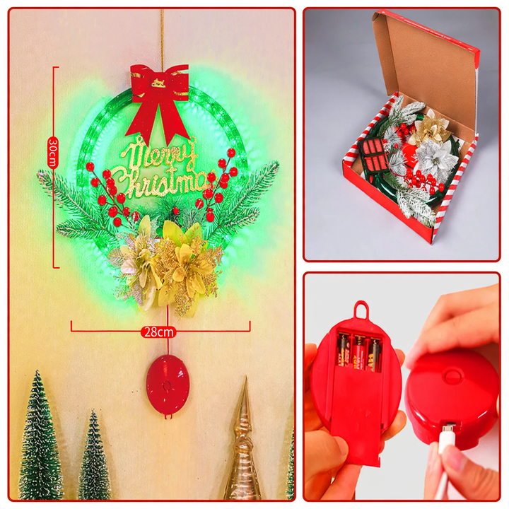 Glowing Christmas wreath with Merry Christmas lettering