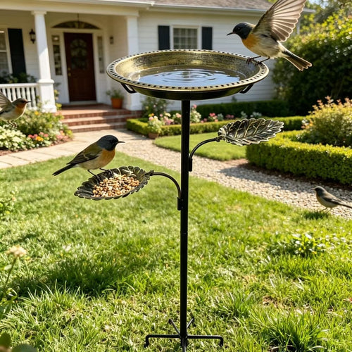 Bird bath and feeding station made of metal, leaf design