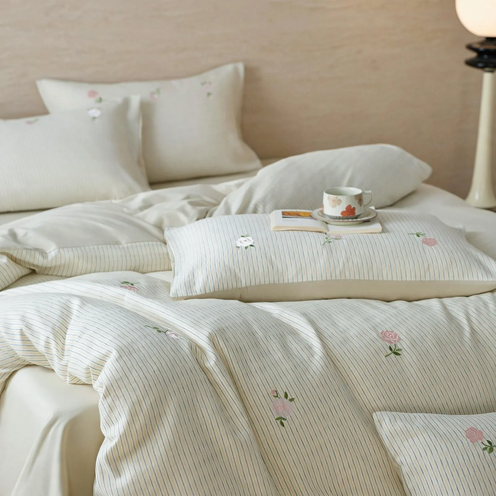 Cotton bedding set, 4-piece, striped pattern