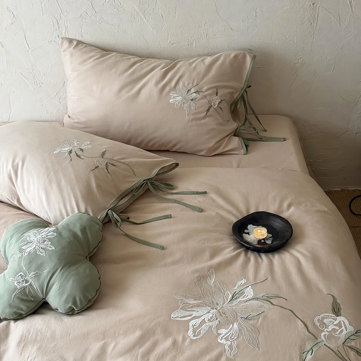 Embroidered cotton-linen bed linen, 4-piece