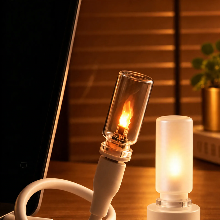 LED flame light, USB connection, glass and ABS