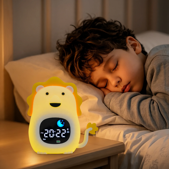Child-friendly sleep trainer with wake-up light and night light