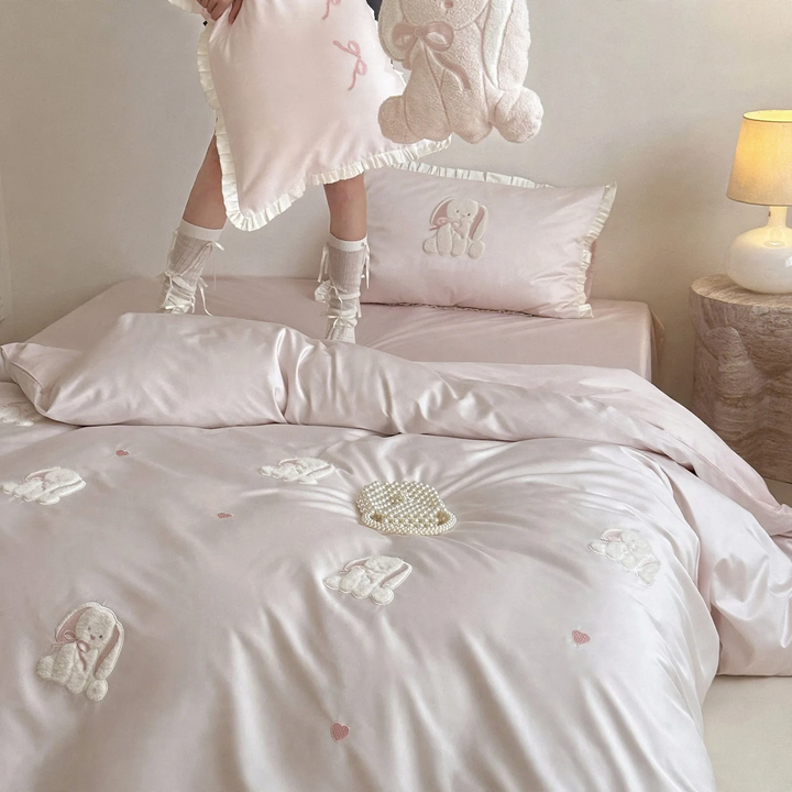 Cotton bedding set, 4-piece, rabbit motif