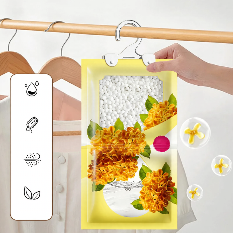 Hanging fragrance dehumidifier for wardrobes