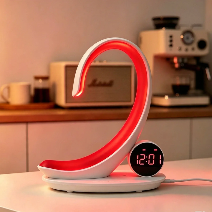 C-shaped LED mood light with digital clock and red light