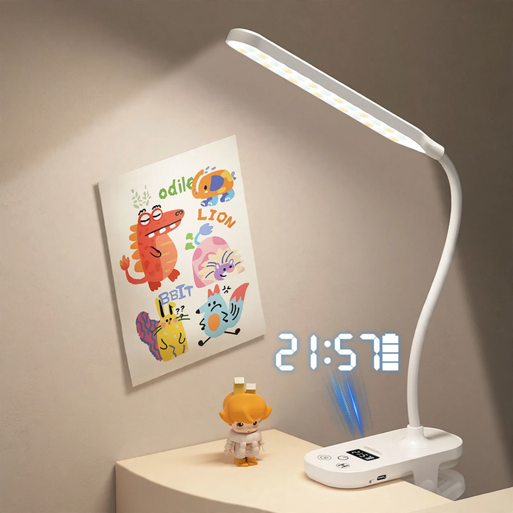 LED clamp lamp with clock for desk and study